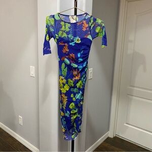Fuzzi Blue Floral Mesh Print Ruched Dress Size XS Art To Wear Vibrant Stretch
